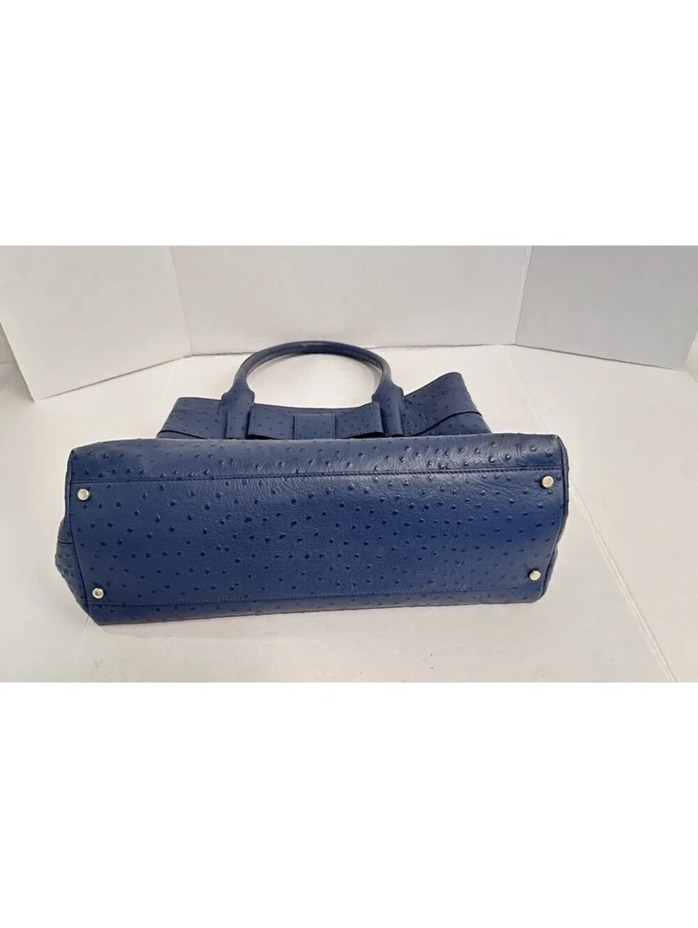 Kate Spade Diehl Blue Ostrich Embossed Leather Bow Tote Shoulder Bag